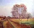 Piste de ferme et bouleau en automne (huile sur contreplaqué, 1920)