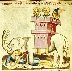 Représentation médiévale d'un éléphant de guerre (enluminure du XIVe&nbsp;siècle).