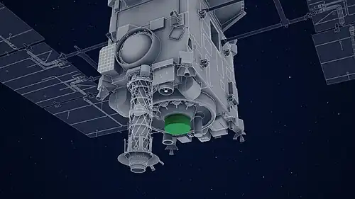 Schéma du tube de prélèvement d'échantillons et de l'impacteur (en vert) de la sonde Hayabusa 2.