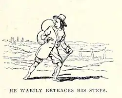 Dessin d'homme marchant de gauche à droite et regardant derrière lui. Suscription: He warily retraces his steps