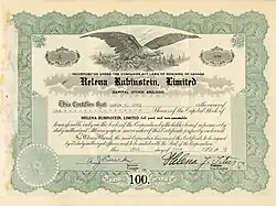 Action de la société Helena Rubinstein, fondée le 20 juin 1929 à Streetsville, Ontario, émise le 29 juin 1929, signée de la main d'Helena Rubinstein en tant que vice-présidente