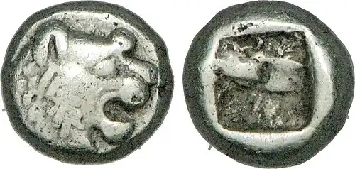 Monnaie en électrum à tête de lion, une des plus anciennes émises en Lydie (v. 610-550 avant notre ère)