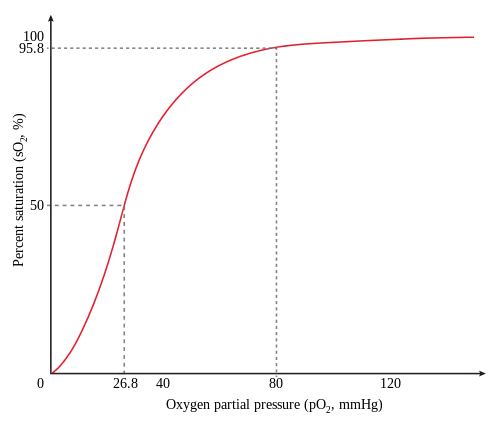 Taux de saturation en O2 de l'hémoglobine en fonction de la pression partielle d'O2 ; parfois appelée courbe de Barcroft, elle est sigmoïde en raison de l'effet coopératif accompagnant la liaison de l'oxygène à l'hémoglobine.