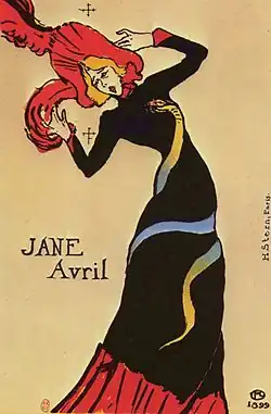 Henri de Toulouse-Lautrec, Jane Avril (affiche, 1899), lithographie d'après la photographie précédente de Paul Sescau.