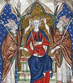 Enluminure représentant un homme assis sur un trône tandis que deux ecclésiastiques lui posent une couronne sur la tête