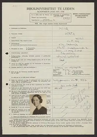 Inscription de Herta Mohr comme étudiante dans la faculté des Lettres et de Philosophie, Université de Leyde, 30 novembre 1937.