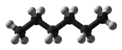 Représentation en 3D de l'hexane. Noir : Carbone, Blanc : Hydrogène.