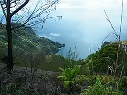Paysage de Tahuata, vu depuis le haut d'une montagne. L'océan est au second plan.