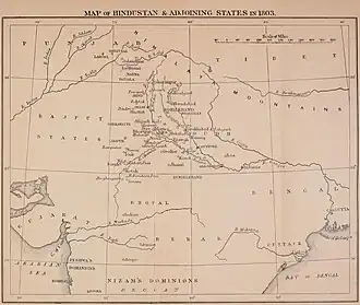 Carte britannique de l'Hindoustan et des territoires voisins, comme perçu en 1803 (centré sur le Doāb (interfluve) du Gange et de la Yamuna).