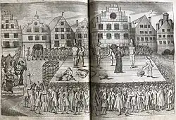Exécution des chefs du mouvement anabaptiste après la révolte de Münster, dont Jean de Leyde. Gravure sur cuivre d'Hermann von Kerstenbroich intitulée : « La frénésie des anabaptistes que Münster, la célèbre capitale de Westphalie, réduisit à néant. »