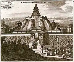 Gravure française (XVIe&nbsp;siècle) du château de Hirado - appelé Firando (sic) - dessinée selon des rapports de voyageurs.