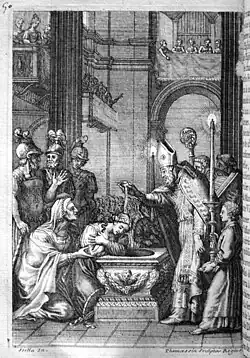 Une foule dans une église. La scène est centrée sur trois chevaliers, une vieille dame et une jeune femme baptisée par un évêque.