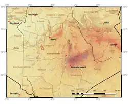 Carte topographique du Hoggar et des régions environnantes de la wilaya de Tamanrasset, incluant les deux anciennes daïras, In Guezzam et In Salah, qui sont devenues des wilayas à part entière.