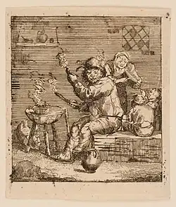 Homme assis allumant sa pipe, Jacques Dassonville, gravure à l'eau-forte, dim.65x59mm, musée des Beaux-Arts de Nancy.