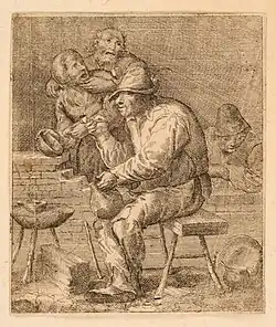 Homme assis fumant la pipe et tenant un broc, Jacques Dassonville, gravure à l'eau-forte, dim.88x75mm, Musée des Beaux-Arts de Nancy.