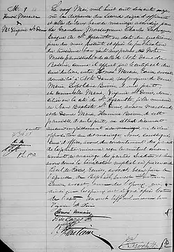 Acte de mariage entre Honoré Mercier et Marie Virginie St-Denis.9 mai 1871. Paroisse Saint-Hyacinthe-le-Confesseur de la ville de Saint-Hyacinthe.