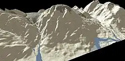 représentation tridimensionnelle d'une montagne au sommet plat et aux flancs abrupts.
