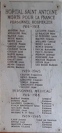 Plaque commémorative aux Morts pour la France à l'hôpital Saint-Antoine.