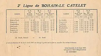 Horaire des trains Bohain-La Catelet en 1946.
