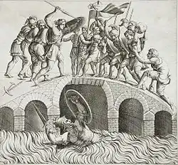 Horatius Coclès revient à la nage vers Rome après avoir défendu l'accès au pont Sublicius, gravure du XVIe&nbsp;siècle.