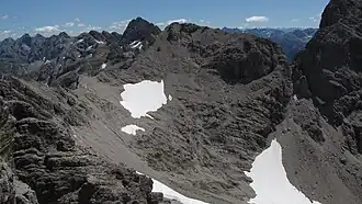 Vue de la Marchspitze et de la Hornbachspitze (au milieu, à droite) depuis l'Öfnerspitze.