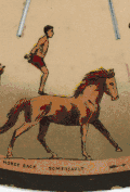 Saut périlleux arrière sur un cheval au trot d'après le disque phénakistiscopique de Muybridge (travelling suivi).