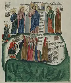 Dessin d'une montagne sur laquelle se trouve un groupe de quinze personnages qui représentent Jésus Christ, des saints, un homme avec une couronne et plusieurs femmes portant des voiles de religieuses chrétienne.