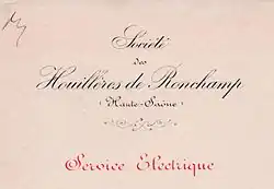 Lettre manuscrite = Société des Houillères de Ronchamp, Haute-Saône ; lettres rouges = service électrique.