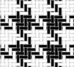 Schéma pour tisser un pied-de-poule (croisant des trames horizontales ou verticales alternant chacune 4 fils blancs puis 4 fils noirs, avec un croisement des trames tous les 2 fils). Ici les fils de même couleur parallèles ou croisés sont visiblement séparés.