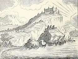 Gravure d'une colline avec châteu et arbres