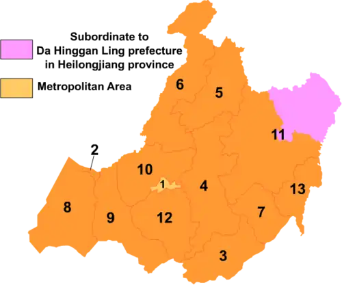 Carte d'Hulunbuir, présentant ses subdivisions numérotées de 1 à 13.
