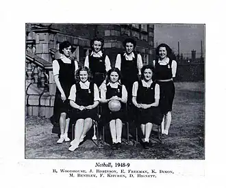 L'équipe de netball de la Hyde Grammar School (Greater Manchester, Angleterre) en 1949 : elles portent des gymslips, une robe chasuble britannique pour le sport