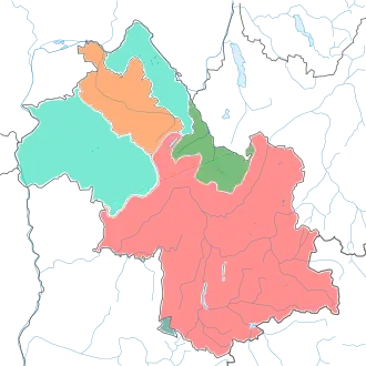 Carte colorée de l'Isère indiquant les bassins hydrographique, la carte montre que le bassin de l'Isère et du Drac couvre la plus grande partie du territoire, plus de la moitié.