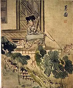Une femme au jardin de lotus (Gisaeng tenant un saenghwang et une pipe). H 29cm. Sin Yun-bok (v.1758-ap.1813). Musée national de Corée