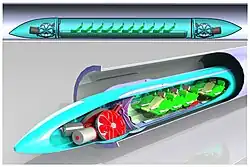 Concept du Hyperloop Cheetah, une variante du projet Hyperloop d'Elon Musk. Il est équipé de roues, de rangées de trois sièges et de sas aux extrémités.