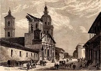 D'après Clara Filleul, Église de Santiago du Chili détruite par un incendie, gravure par Charles Barbant et fils.