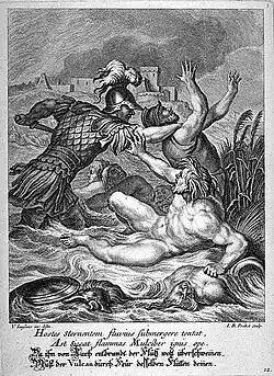 Achille se bat au bord du fleuve, gravure-eau-forte du XVIIIe siècle. Johann Balthasar Probst (1673 - 1748)