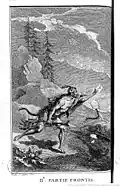 Frontispice de la deuxième partie : Mœurs et coutumes des Indiens d'Amérique. Messager Indien portant une lettre.  De Saint Aubin [dessin.] ; Le Capitaine Bossu, [aut. du texte]; C. Beurlier (graveur).