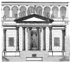 Dessin du temple à partir de sa représentation sur les monnaies romaines.