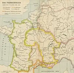 Le royaume de Bourgogne au VIe&nbsp;siècle sous les mérovingiens (entouré en jaune)