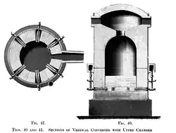 Deuxième convertisseur Bessemer expérimental. La chambre supérieure piège les étincelles et les fumées.