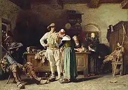 Peinture en couleur représentant des paysans armés, des femmes et des enfants à l'intérieur d'une habitation.