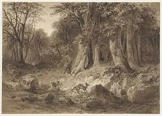 Dans une forêt, un loup poursuit trois cerfs, dessin à la sépia (1840).