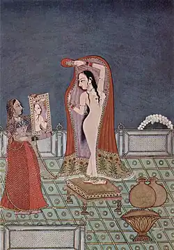 Jeune femme au miroir. Bundi, vers 1775. Couleurs sur papier, 22,6 × 15,9 cm. Musée Allahabad.
