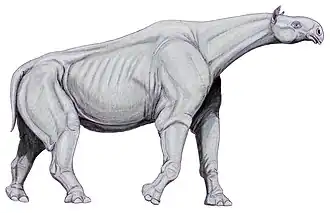 Vue d'artiste d'un grand mammifère préhistorique à long cou.