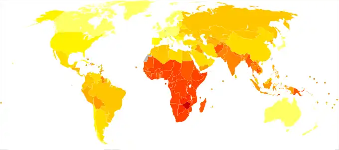 Charge de morbidité des maladies infectieuses, dans le monde en 2004, mesuré en années de vie corrigées de l'incapacité (AVCI).