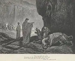 Virgile nourrissant Cerbère dans le troisième Cercle de l'Enfer. Illustration de L'Enfer de Dante par Gustave Doré (XIXe&nbsp;siècle).