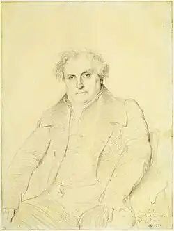 Ingres, étude pour le portrait de monsieur Bertin. Premier dessin à montrer la pose définitive qui sera adoptée dans le tableau, le caractère massif de l'attitude de Bertin n'est pas encore marqué.