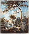 Paysage montrant une rive de lac avec du bétail et des bâtiments (1785)