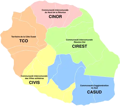 Carte des intercommunalités de La Réunion au 1er janvier 2024.